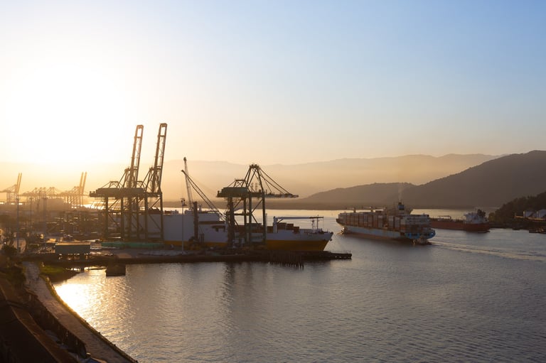 Port at sunset with ships