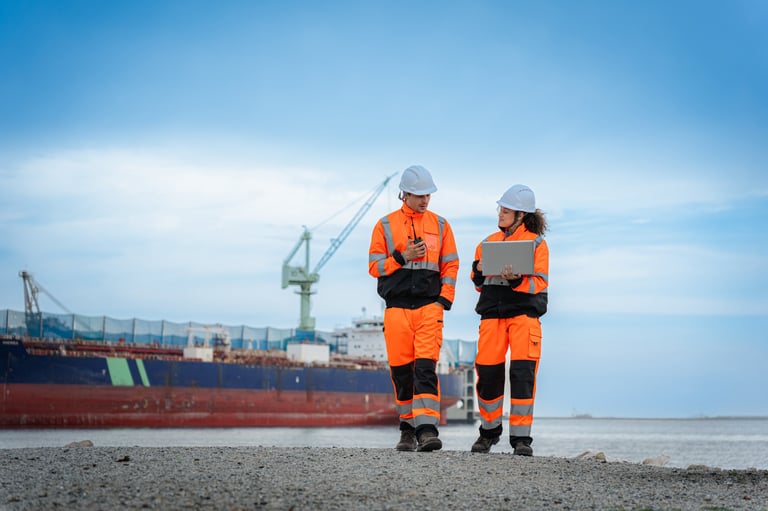 Maritime engineers performing inspection at shipyard