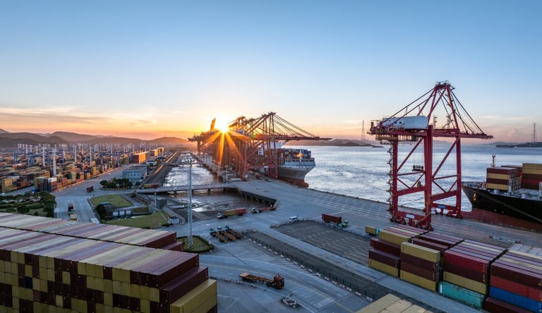 Aerial view of port with cranes