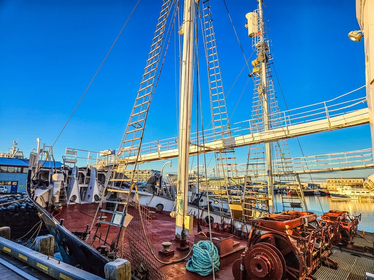 Winch, ropes and maritime deck equipment on a working vessel