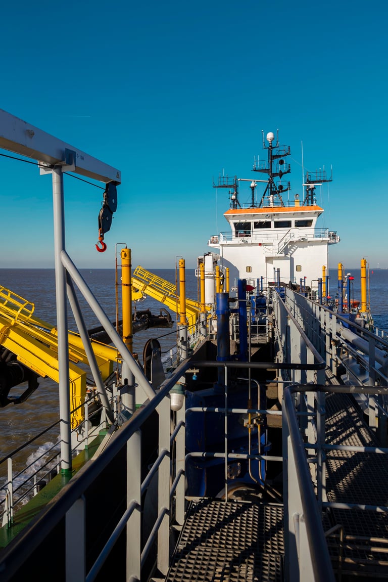 View along a working vessel deck showing deck equipment