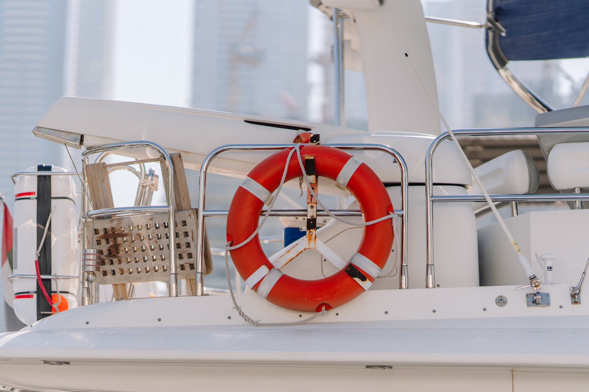 Lifebuoy safety equipment on vessel railing