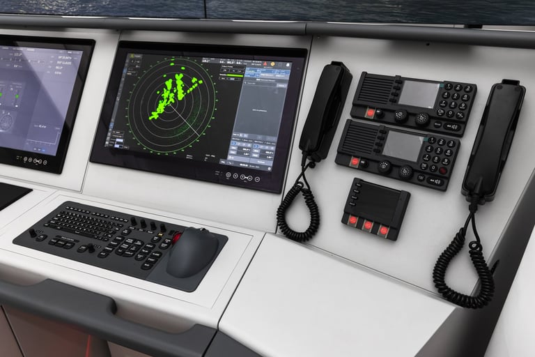 Modern ship bridge navigation console with radar and communication equipment