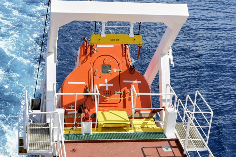 Lifeboat hanging from davit above water