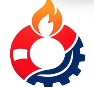 Logo combining orange flame, red shield, and dark blue gear symbol representing energy and industry